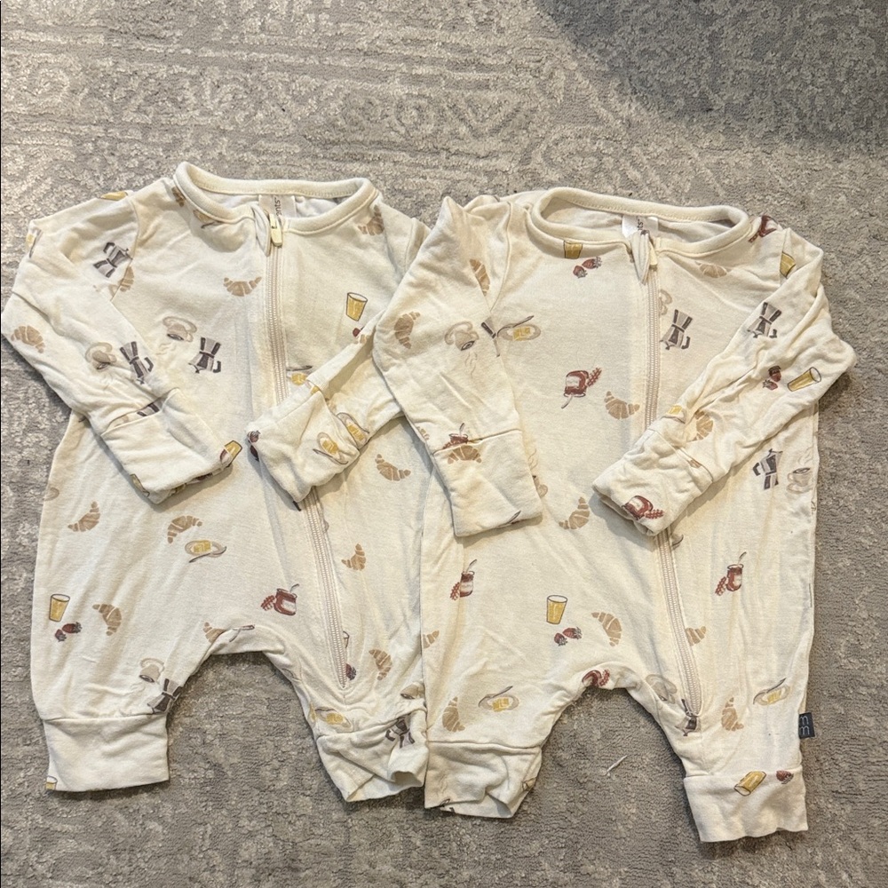 Newborn Feetless Onsie Pair with croissants and coffee